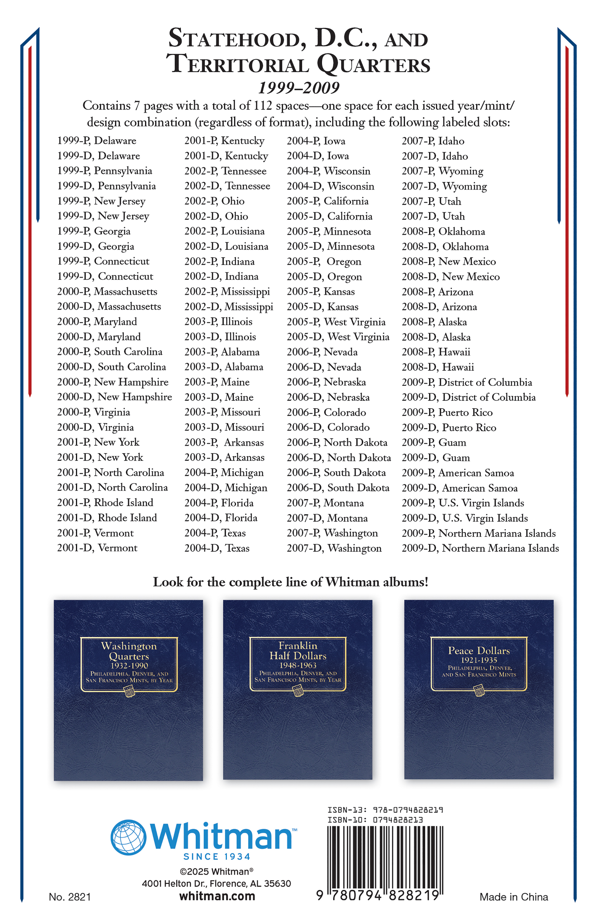 Whitman Classic® Coin Album – Statehood, D.C. & Territorial Quarters: 1999-2009 (P & D Mints)