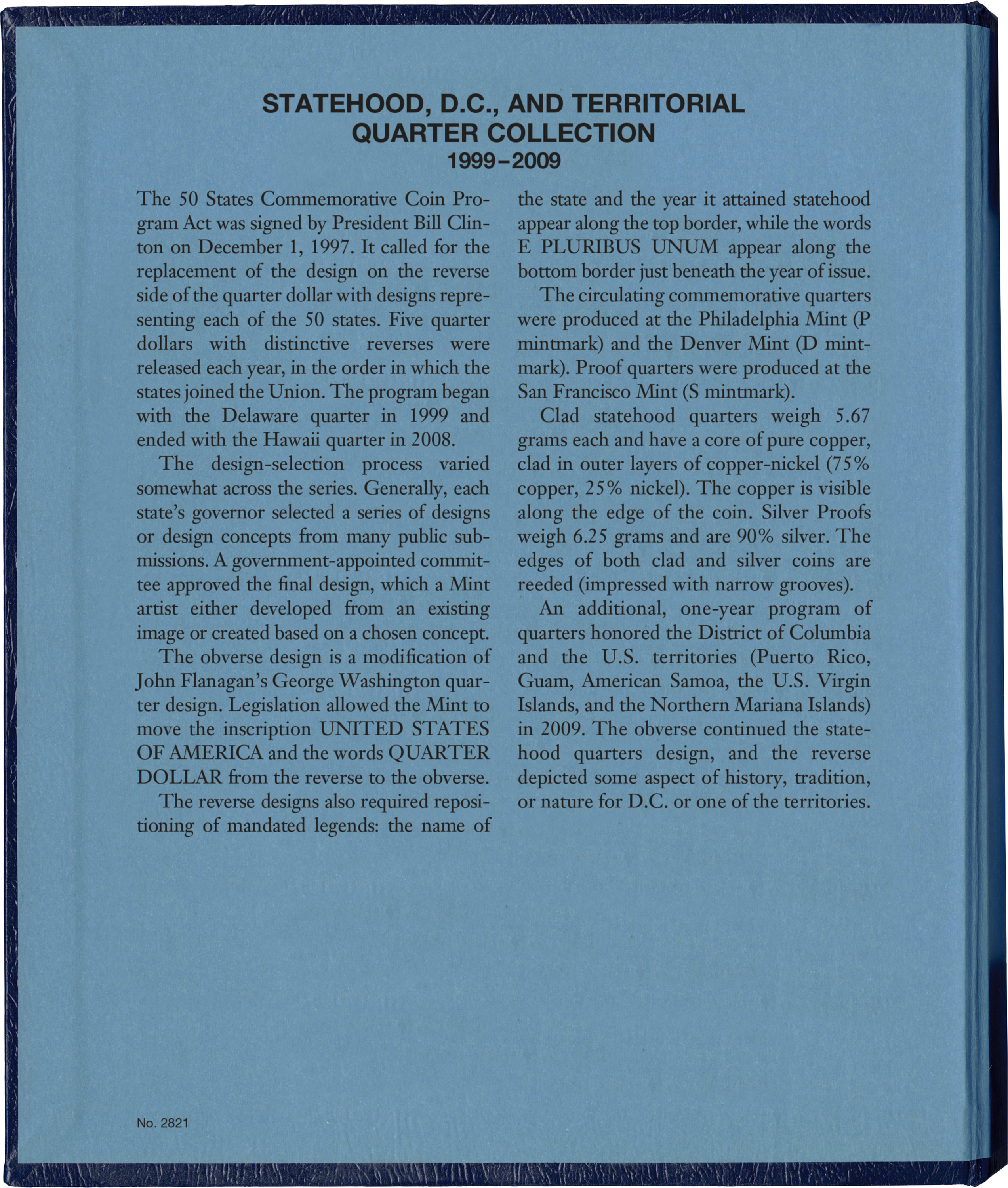Whitman Classic® Coin Album – Statehood, D.C. & Territorial Quarters: 1999-2009 (P & D Mints)