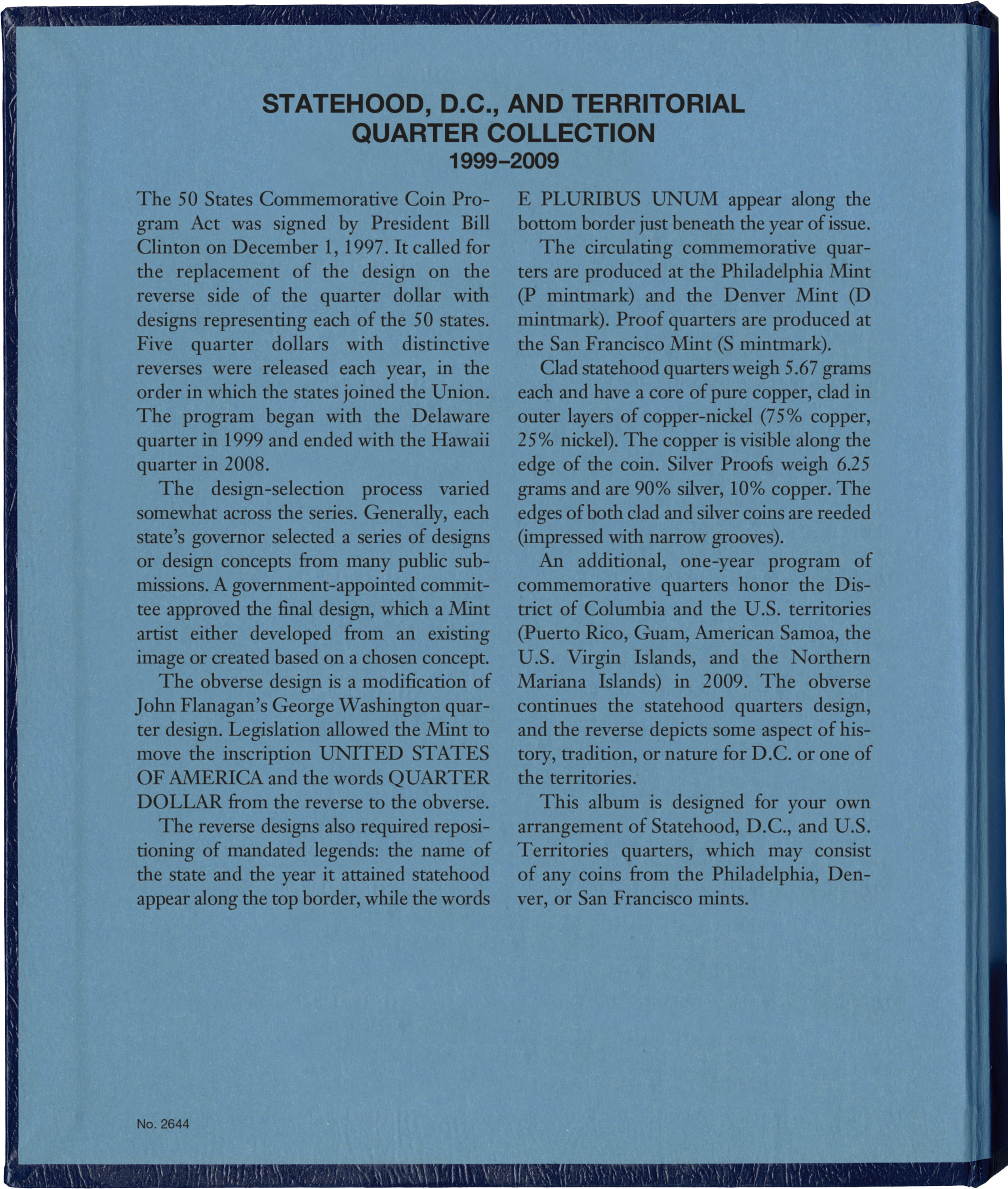 Whitman Classic® Coin Album – Statehood, D.C. & Territorial Quarters: 1999-2009 (Single Mint)