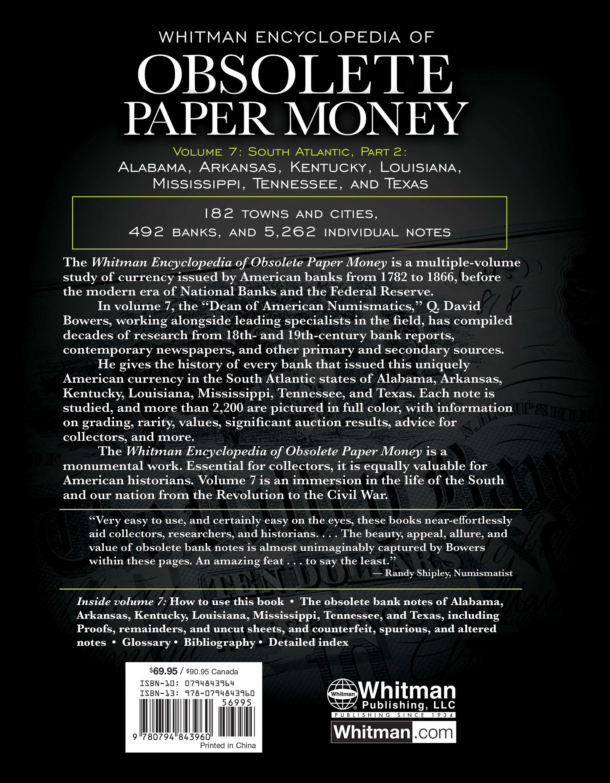 Whitman Encyclopedias: Whitman Encyclopedia of Obsolete Paper Money, Volume 7 – South Atlantic, Part 2 – Alabama, Arkansas, Kentucky, Louisiana, Mississippi, Tennessee, Texas