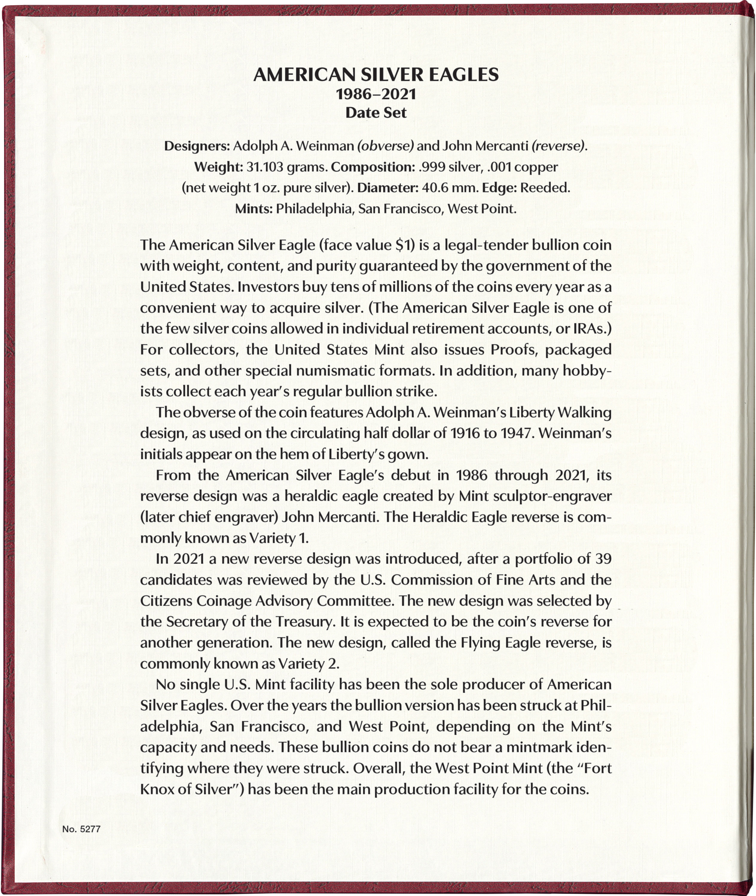 Whitman Prestige Coin Album – American Silver Eagles: 1986-2021 Date Set