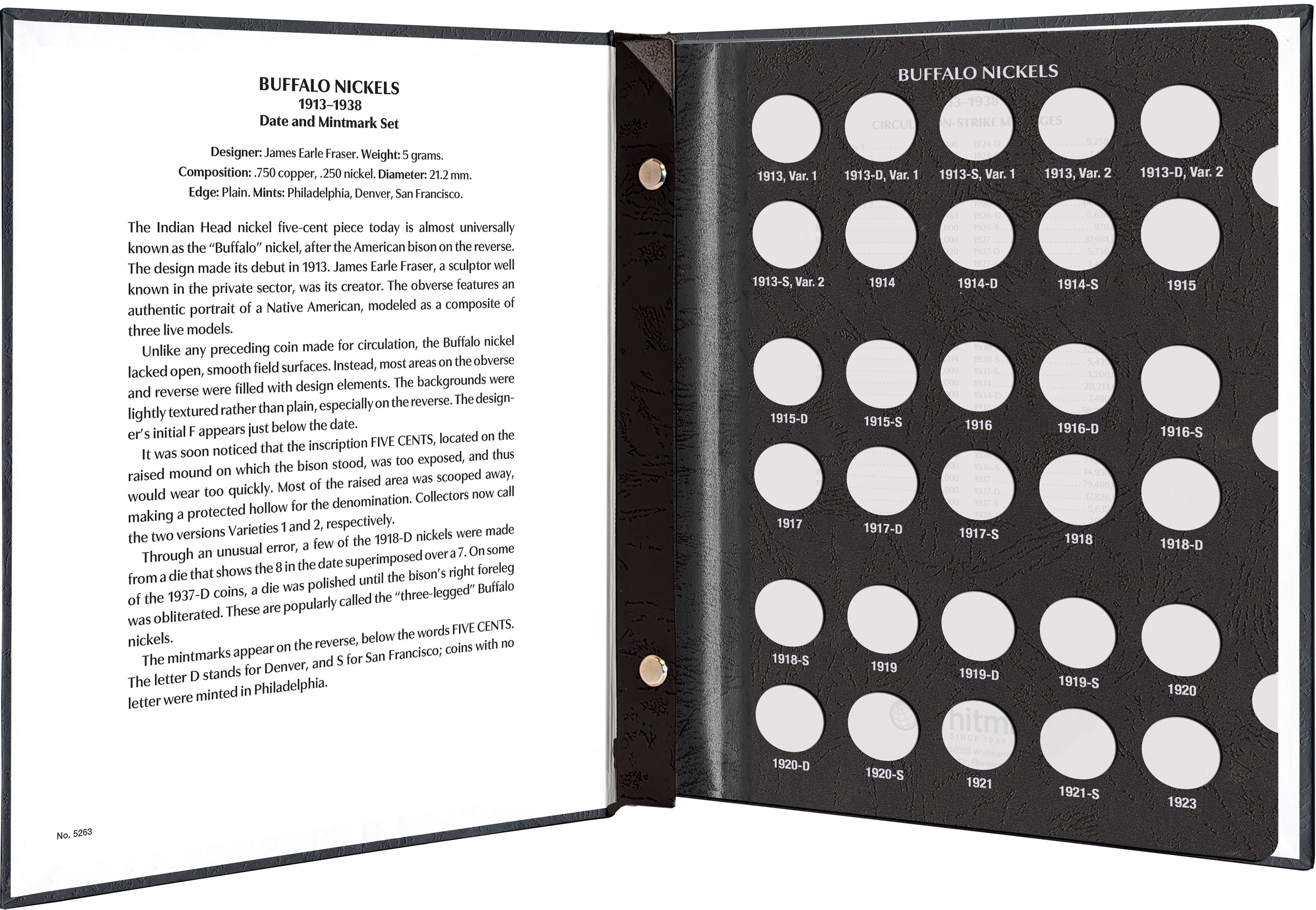 Whitman Prestige Coin Album – Buffalo Nickels: 1913-1938 Date & Mintmark Set