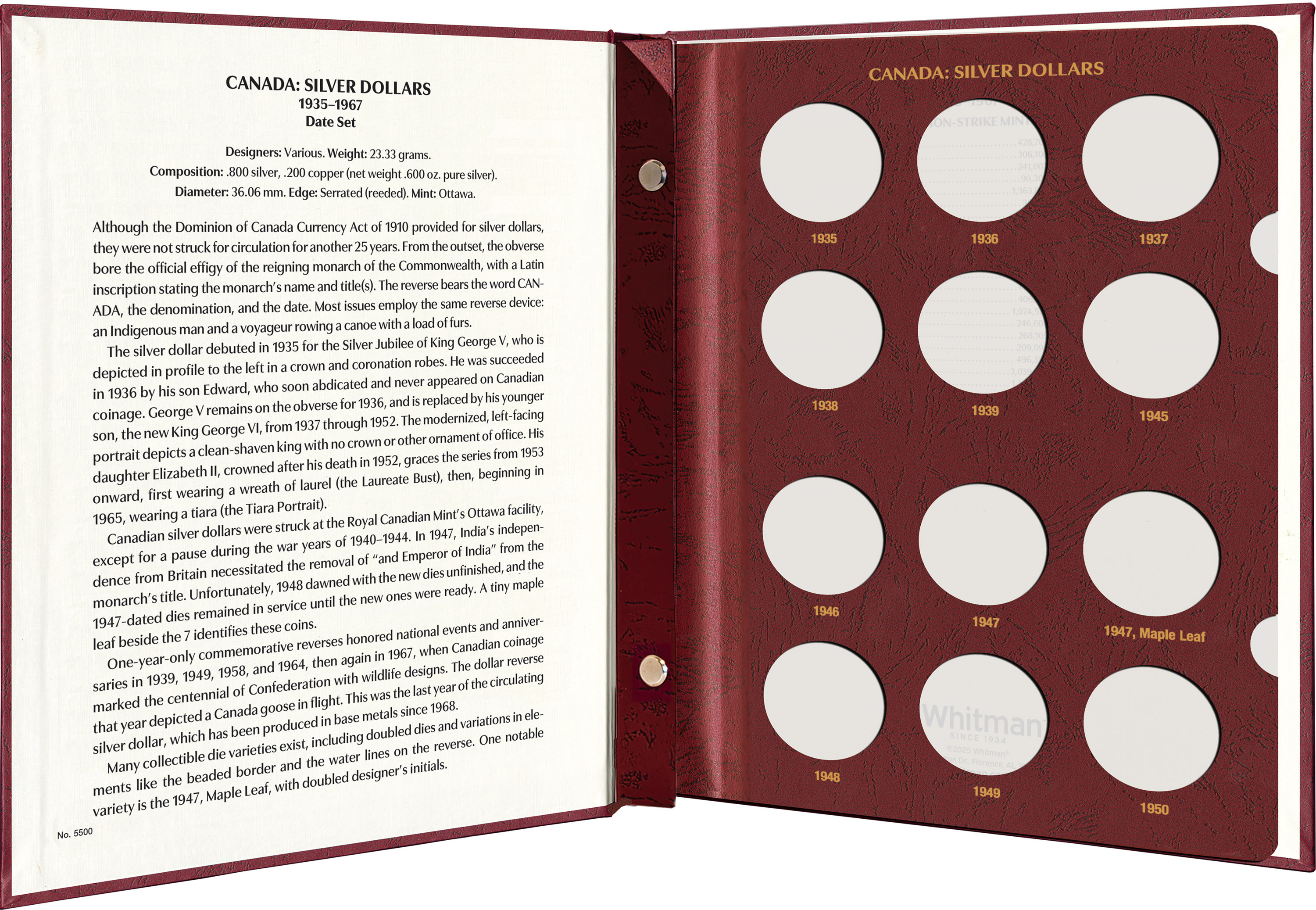 Whitman Prestige™ Coin Album – Canada Silver Dollars: 1935-1967 Date & Mintmark Set