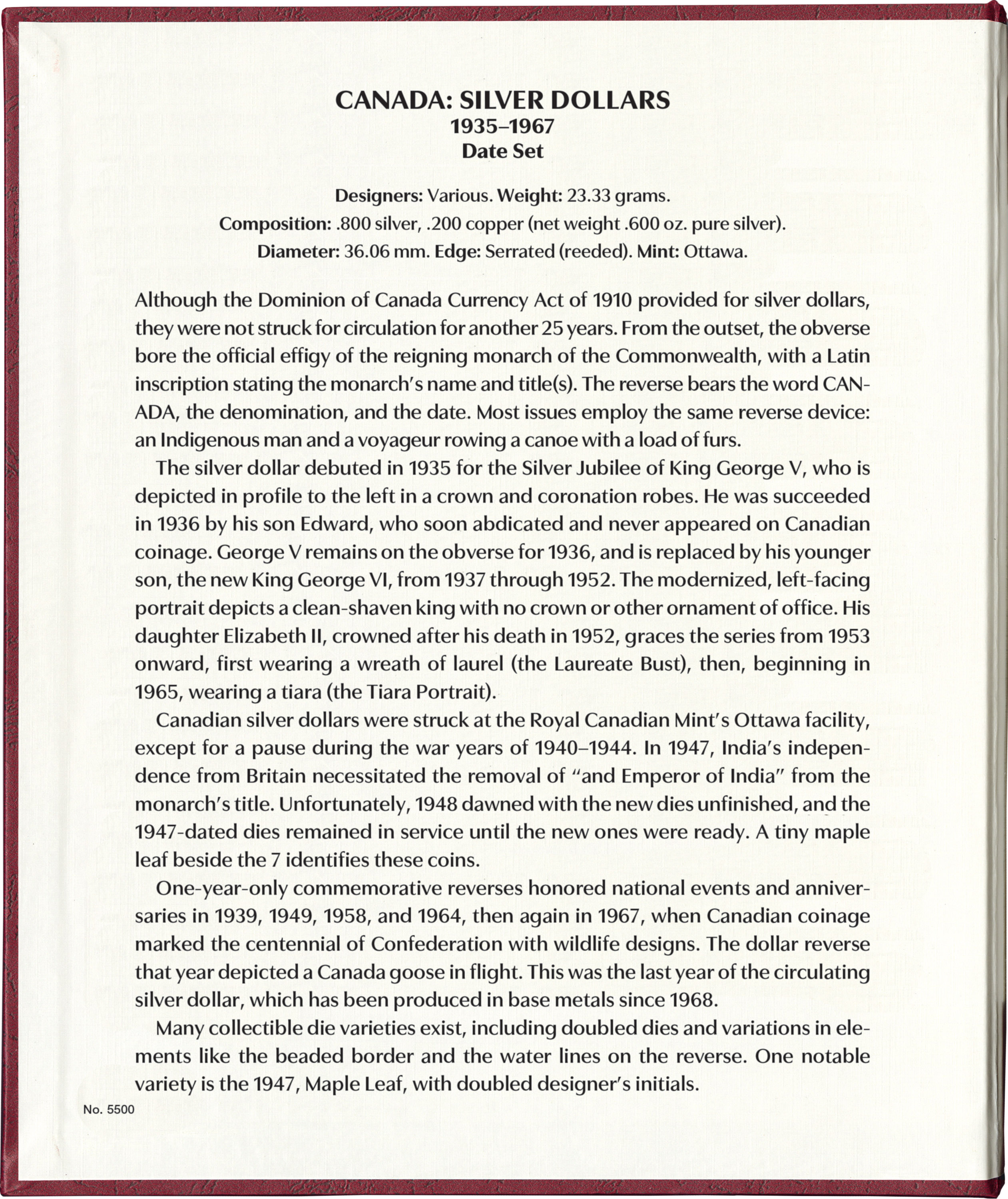 Whitman Prestige™ Coin Album – Canada Silver Dollars: 1935-1967 Date & Mintmark Set