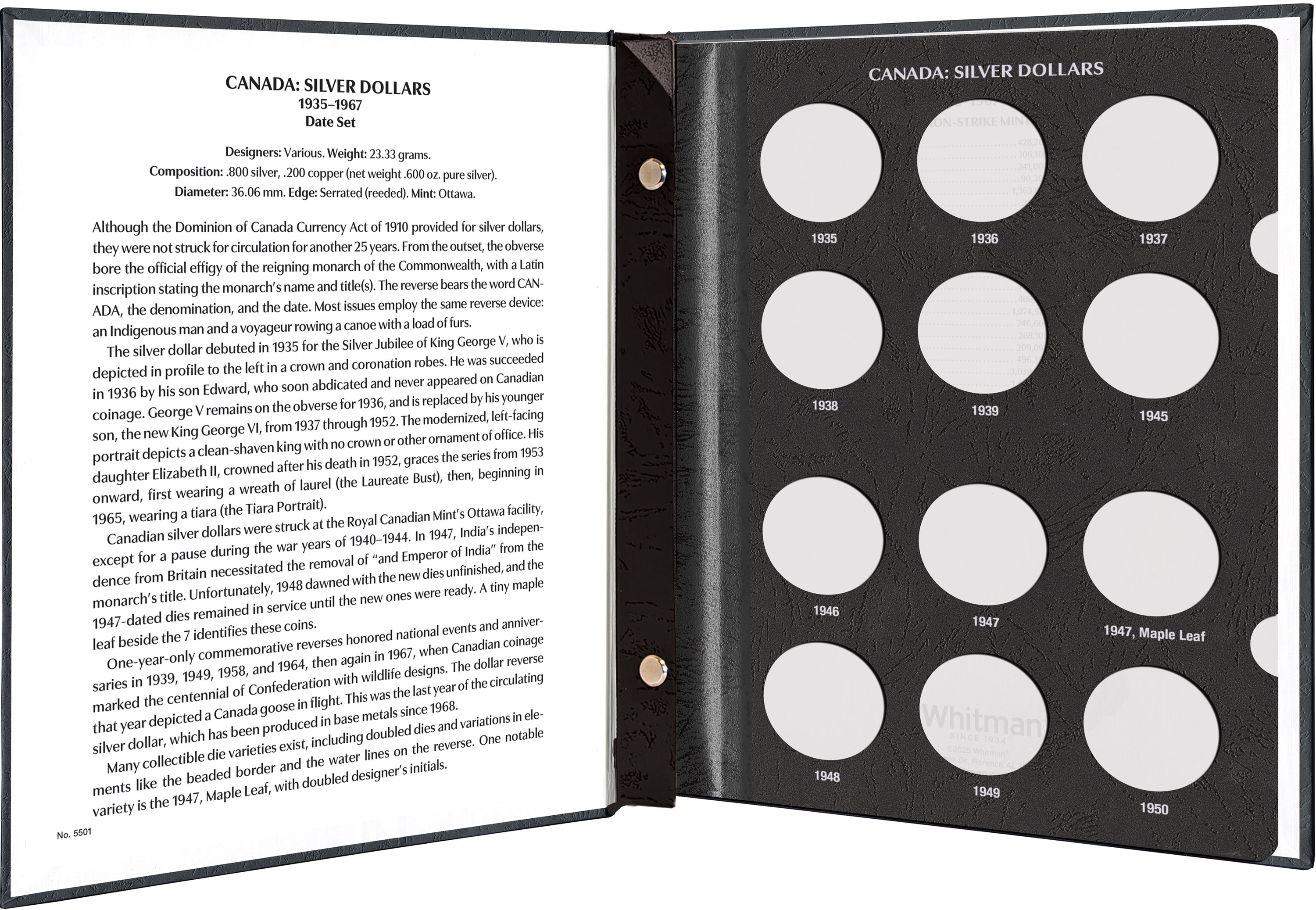 Whitman Prestige™ Coin Album – Canada Silver Dollars: 1935-1967 Date & Mintmark Set