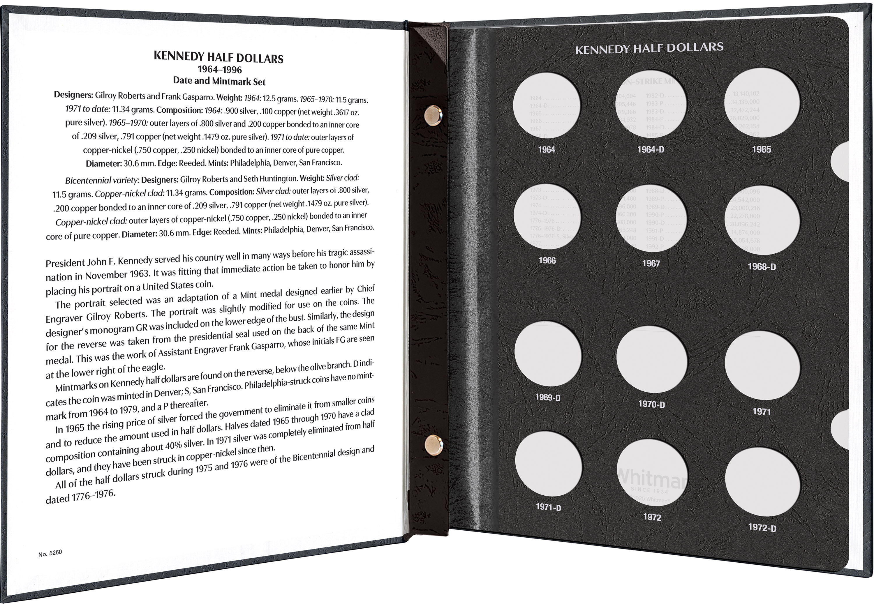 Whitman Prestige Coin Album – Kennedy Half Dollars: 1964-1996 Date & Mintmark Set