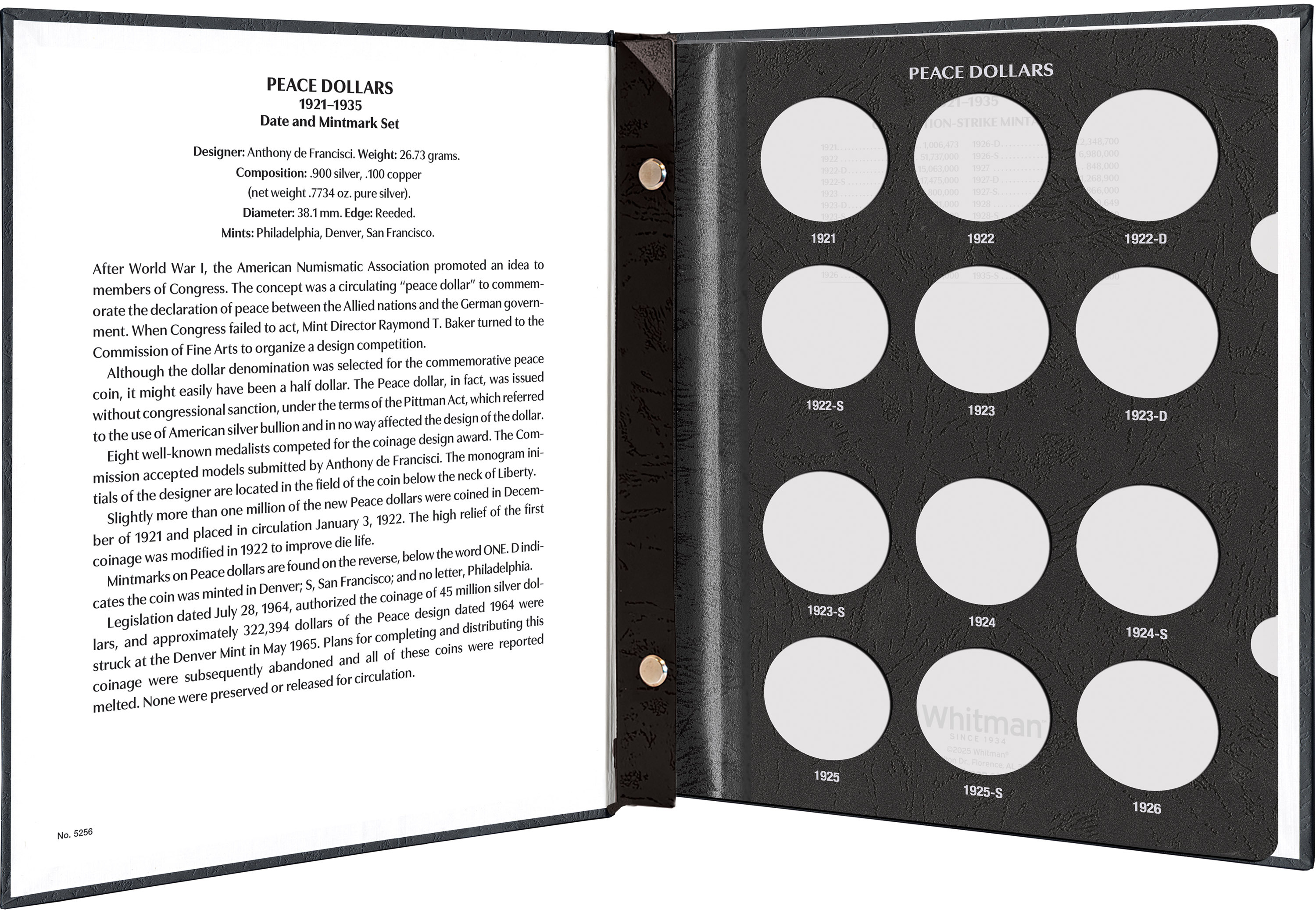 Whitman Prestige Coin Album – Peace Dollars: 1921-1935 Date & Mintmark Set