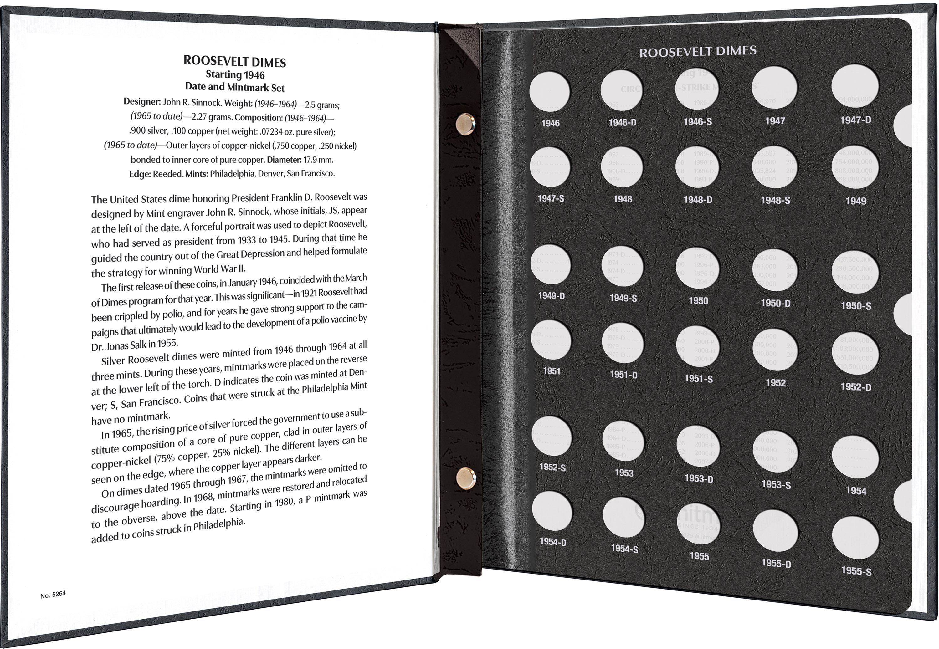 Whitman Prestige Coin Album – Roosevelt Dimes: Starting 1946 Date & Mintmark Set