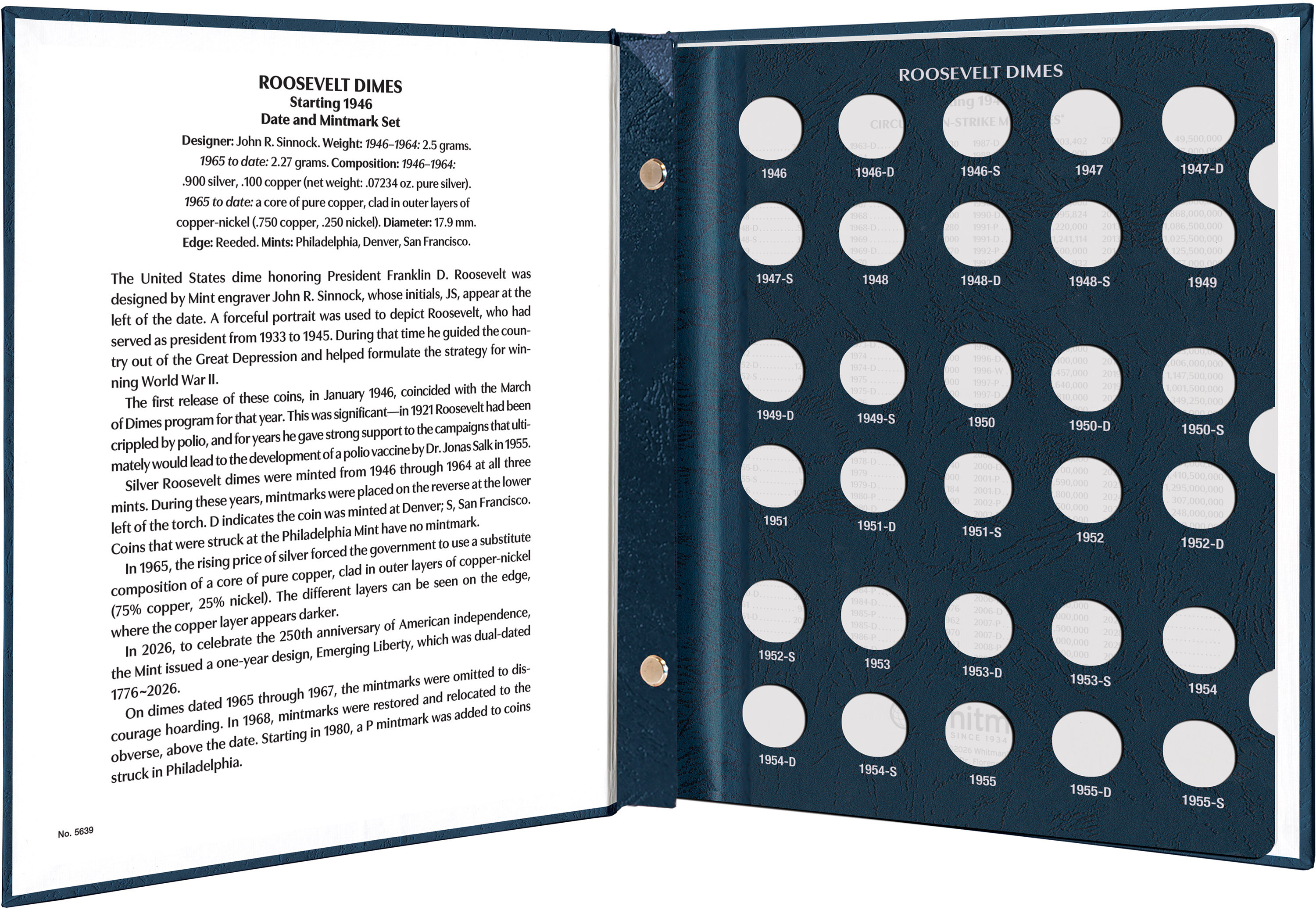 Whitman Prestige Coin Album – Roosevelt Dimes: Starting 1946 Date & Mintmark Set