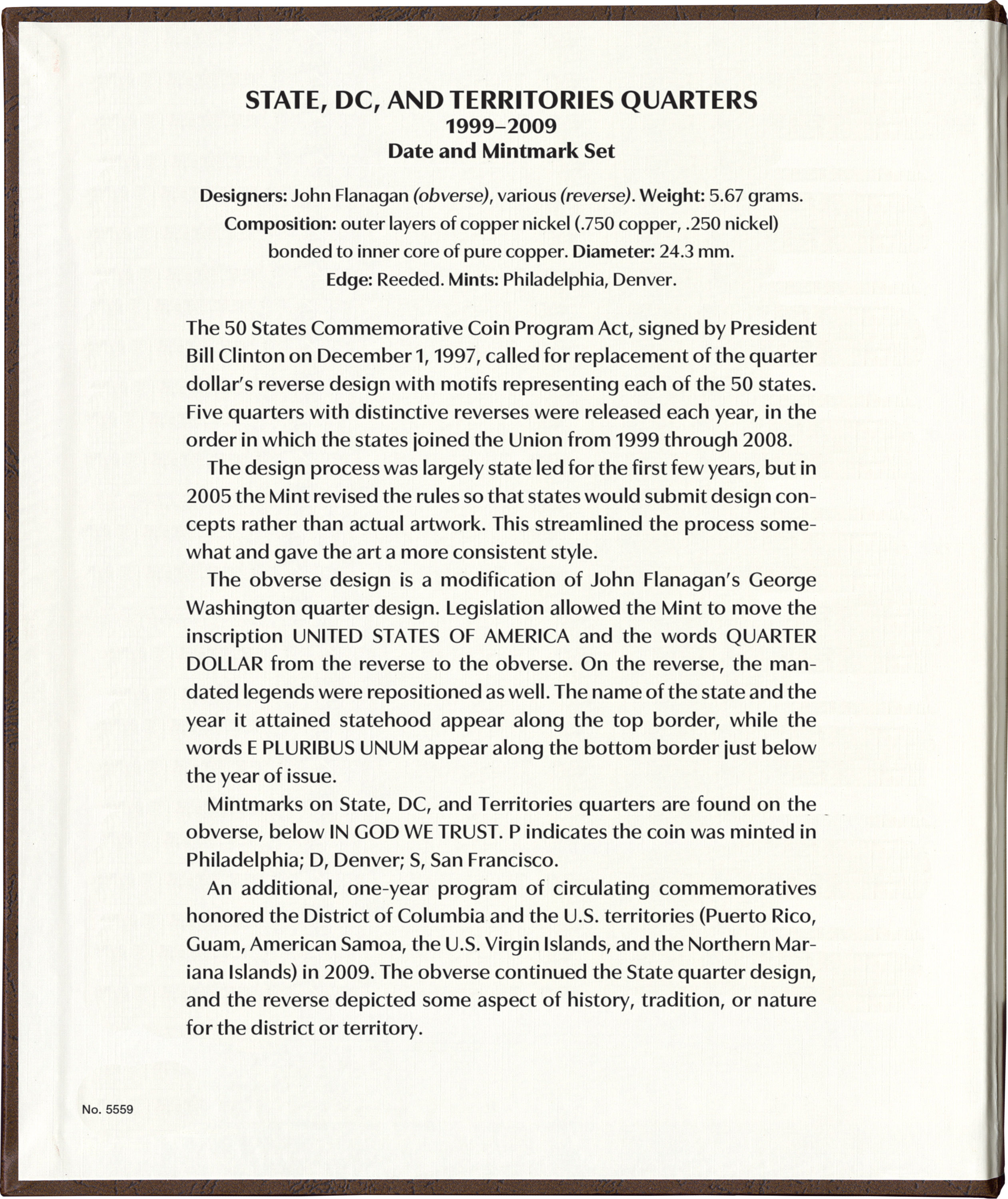 Whitman Prestige Coin Album – State, D.C., and Territories Quarters: 1999-2009 Date & Mintmark Set