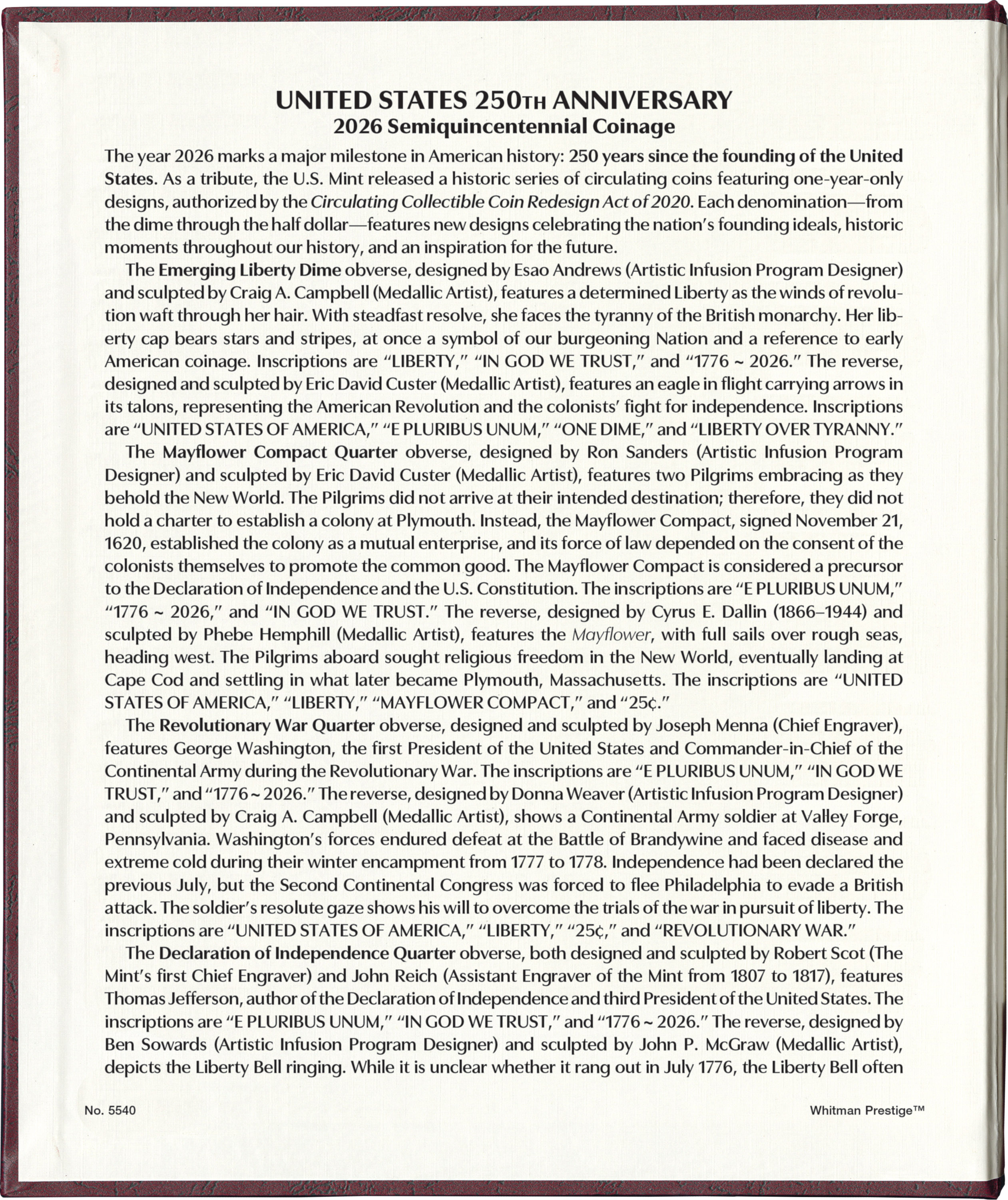 Whitman Prestige™ Coin Album – United States 250th Anniversary Collection: 2026 Date & Mintmark Set