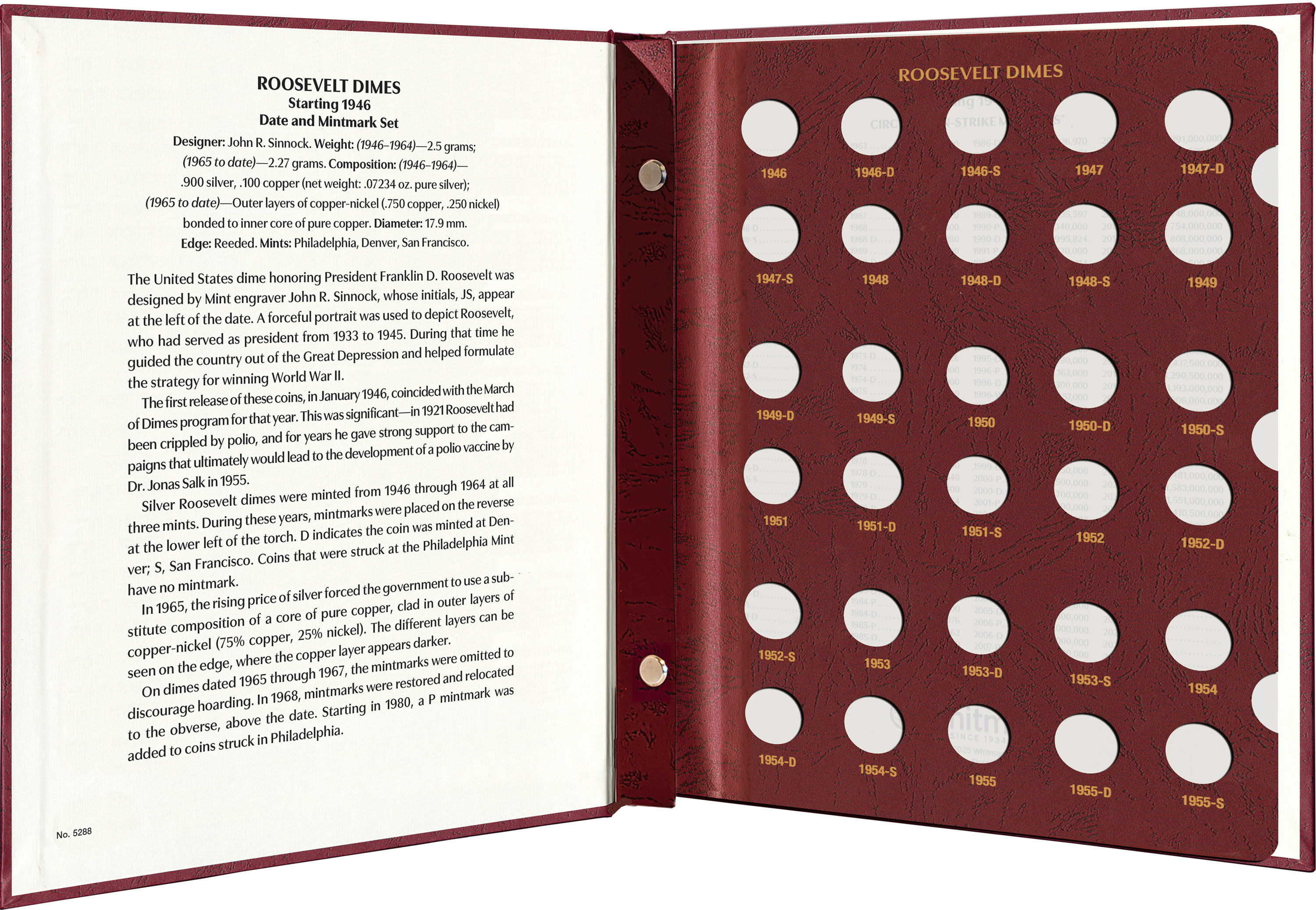 Whitman Prestige Coin Album – Roosevelt Dimes: Starting 1946 Date & Mintmark Set