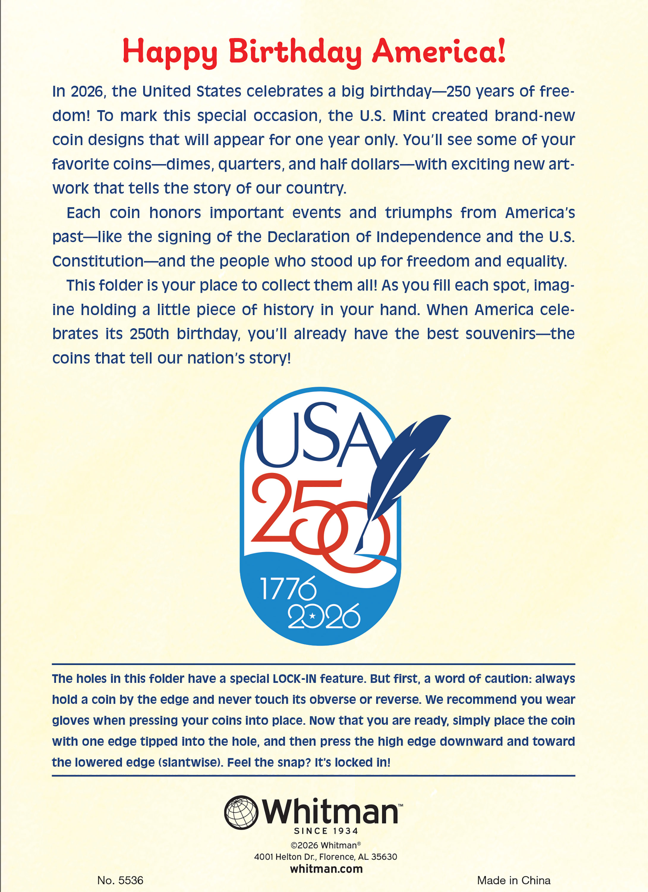Happy Birthday America! Children’s Coin Folder – United States 250th Anniversary Collection: 2026 (Single Mint)