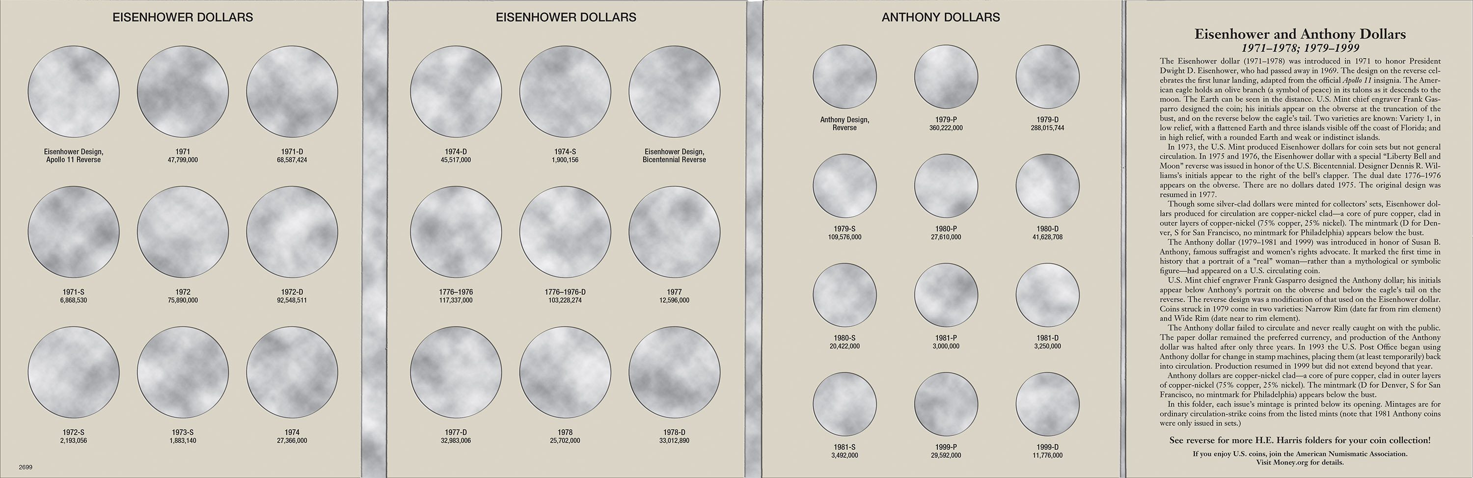 H.E. Harris® Coin Folder – Eisenhower & Susan B. Anthony Dollars: 1971-1999