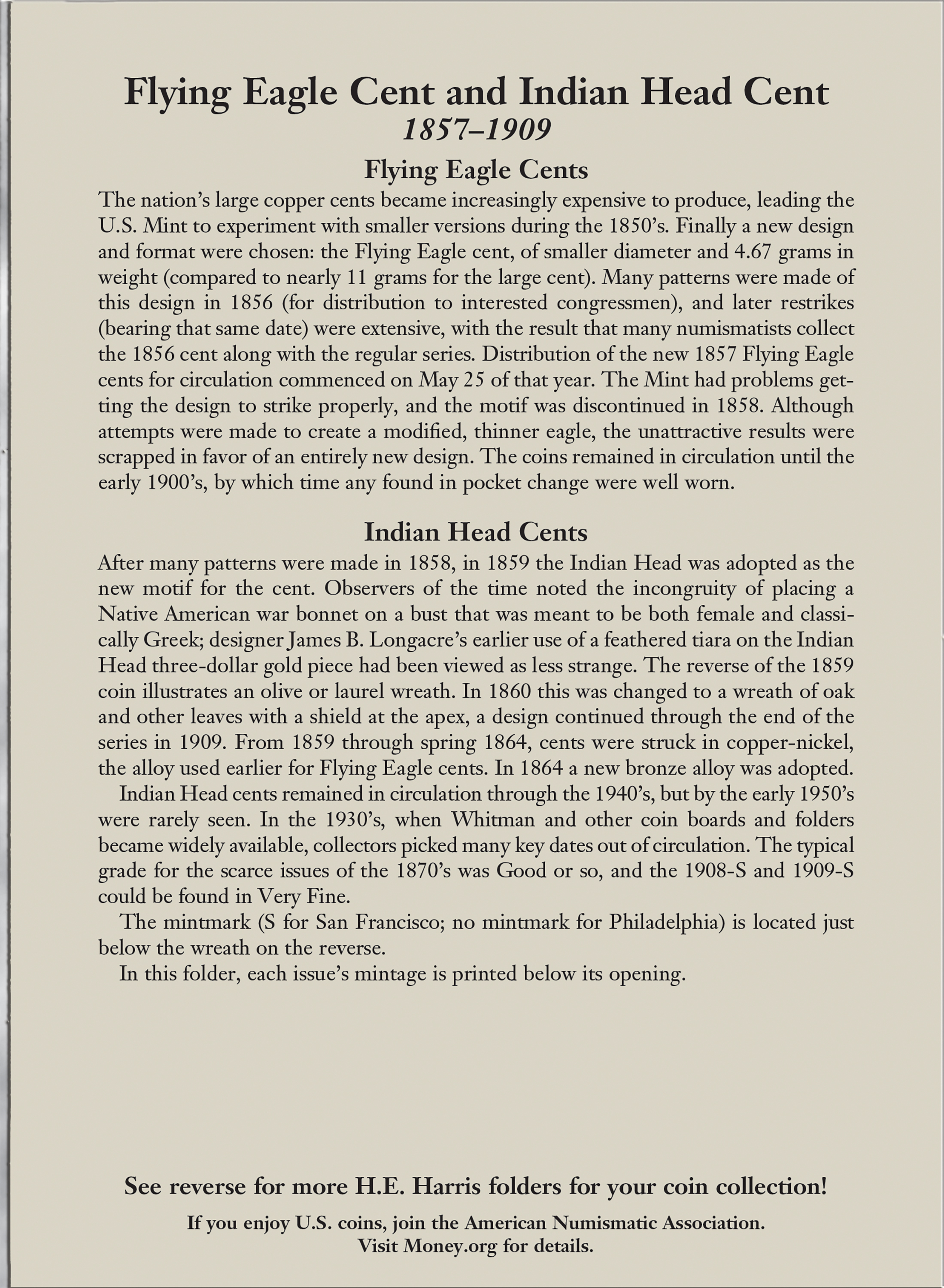 H.E. Harris® Coin Folder – Flying Eagle & Indian Head Cents: 1857-1909