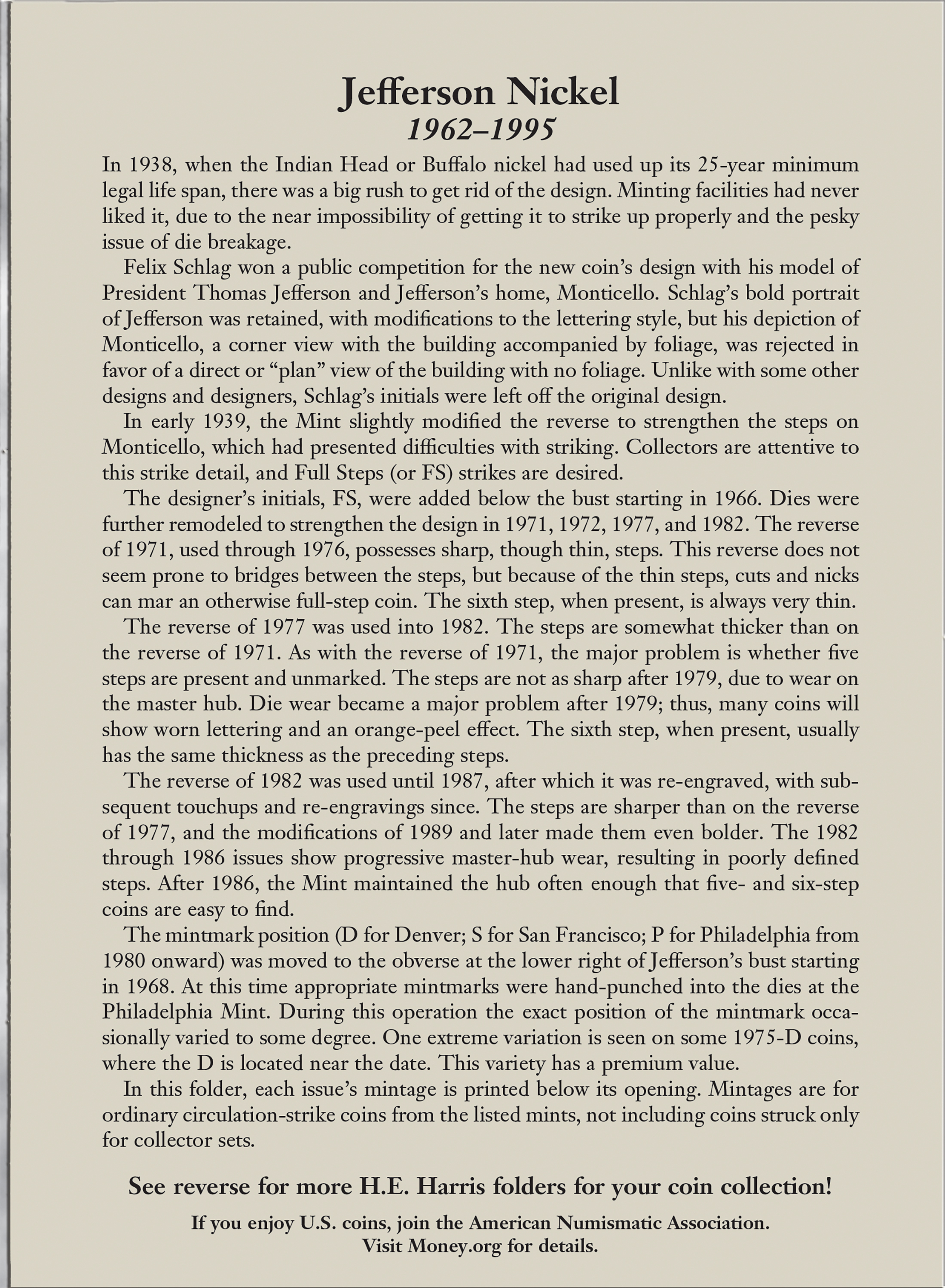 H.E. Harris® Coin Folder – Jefferson Nickel Collection #2: 1962-1995