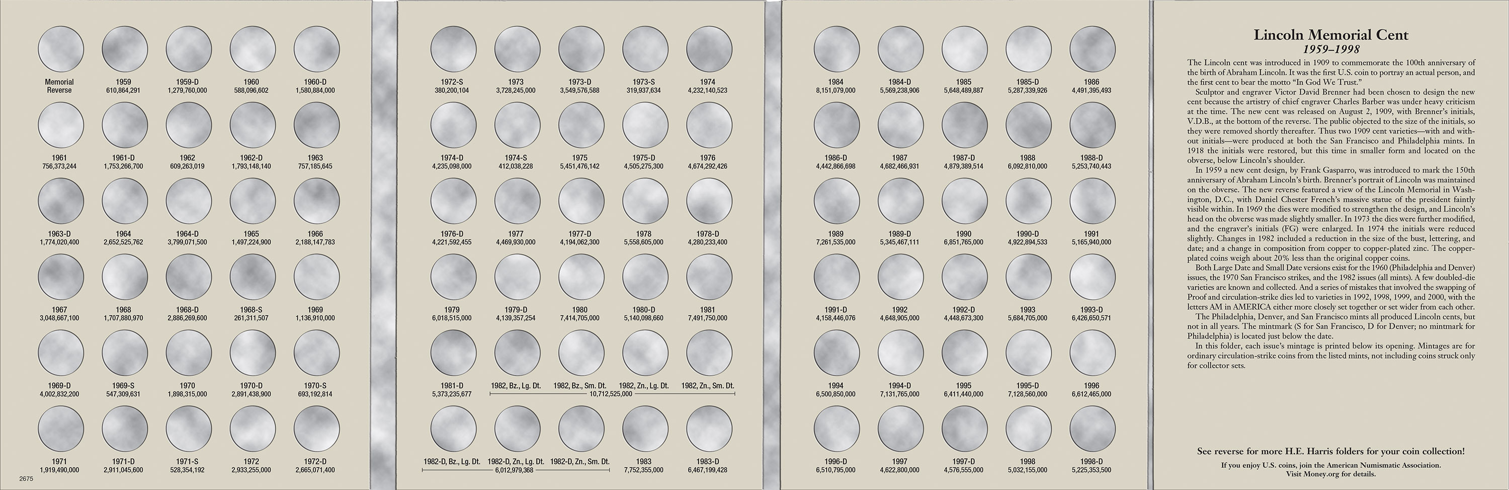 H.E. Harris® Coin Folder – Lincoln Memorial Cents Collection #1: 1959-1998