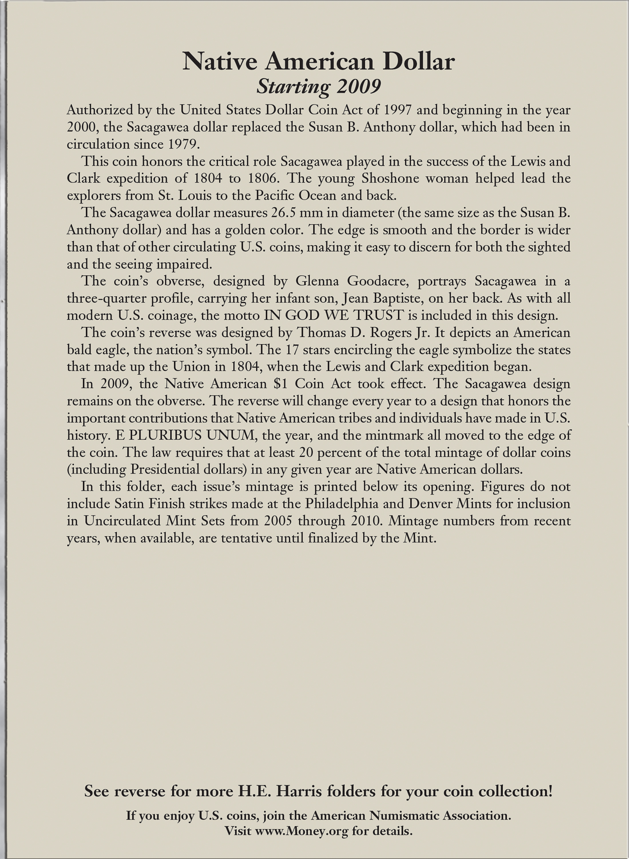 H.E. Harris® Coin Folder – Native American Dollars: Starting 2009