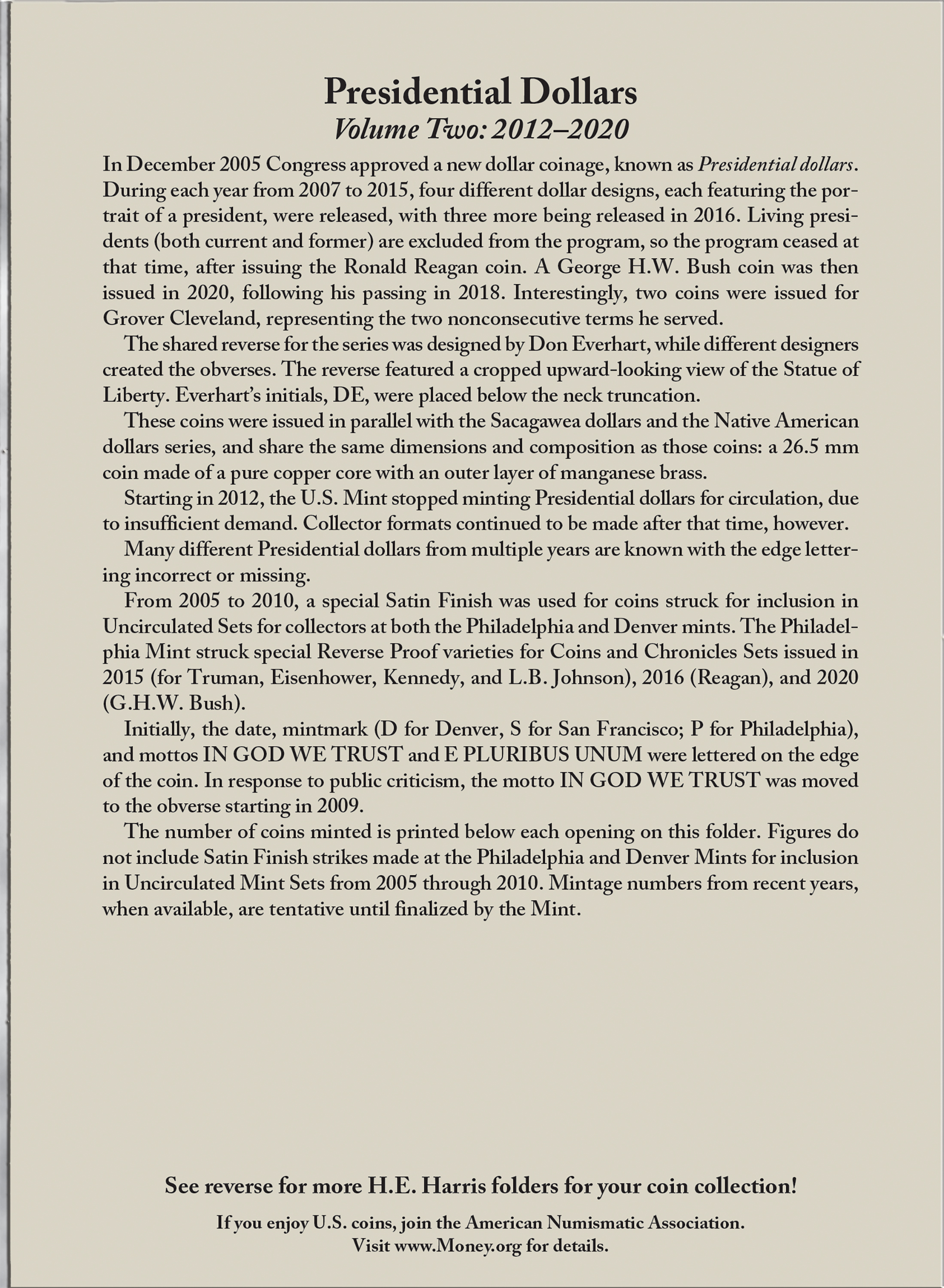 H.E. Harris® Coin Folder – Presidential Dollars Collection #2: Starting 2012