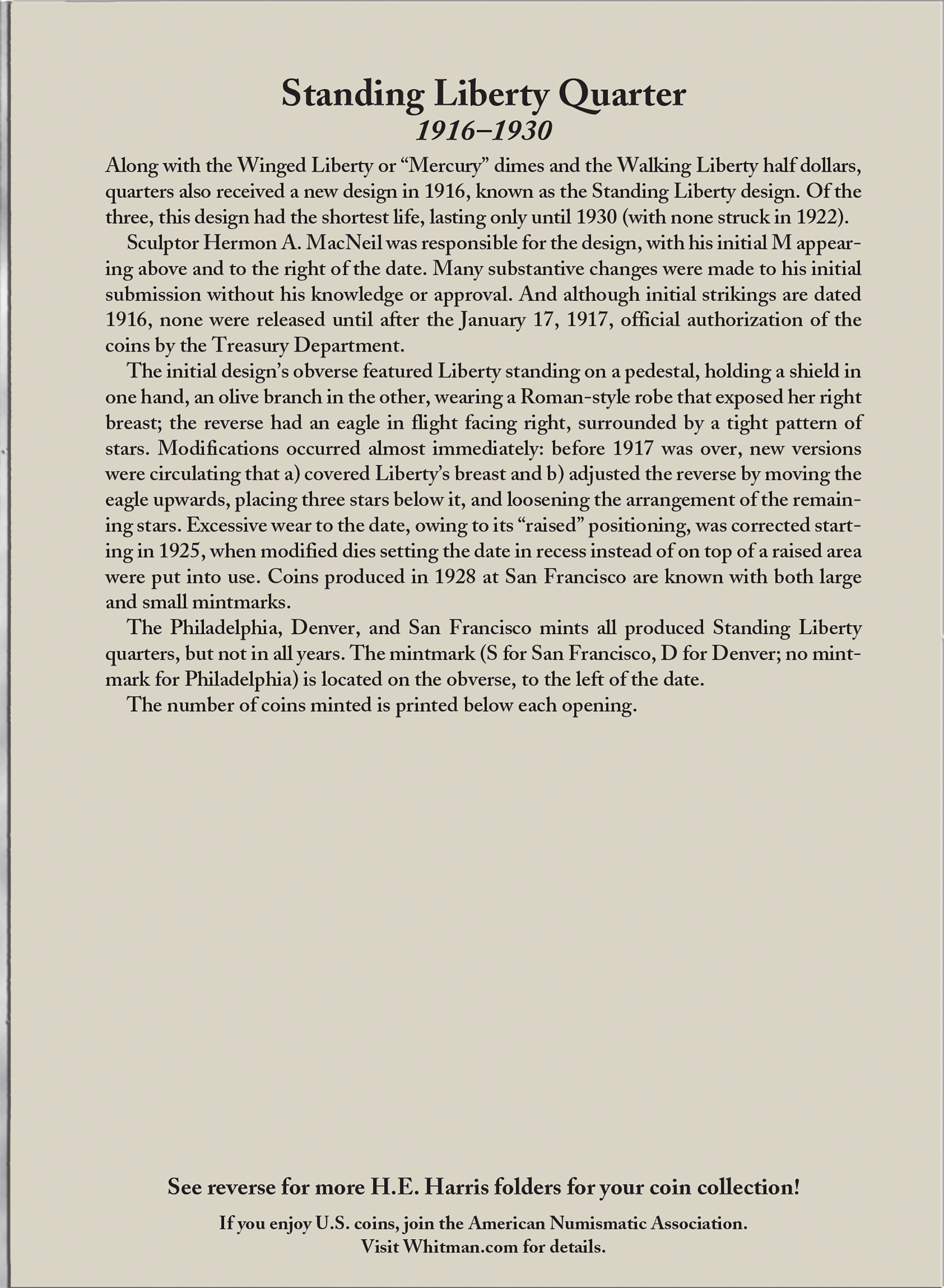 H.E. Harris® Coin Folder – Standing Liberty Quarters: 1916-1930