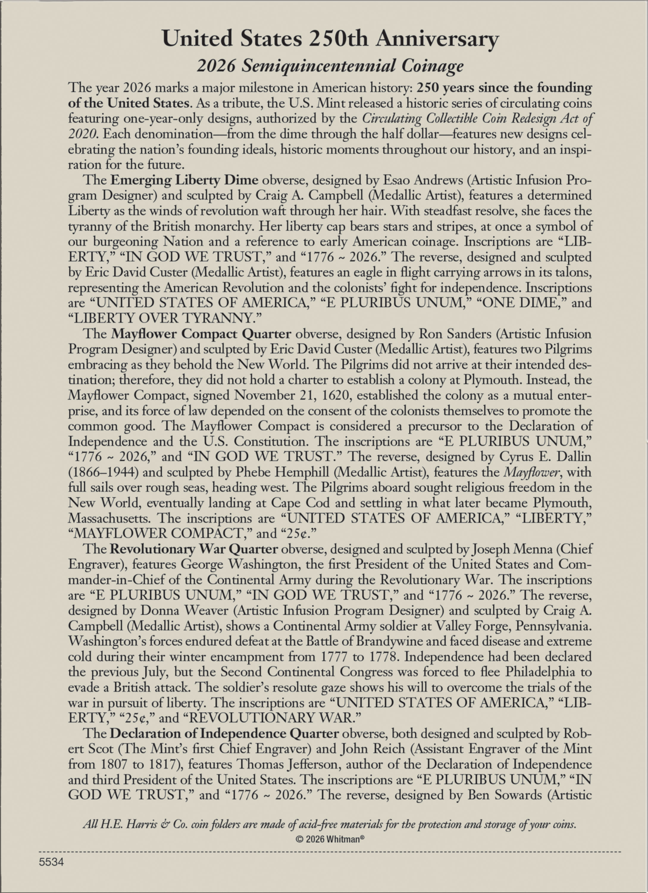 H.E. Harris® Coin Folder – United States 250th Anniversary Collection: 2026