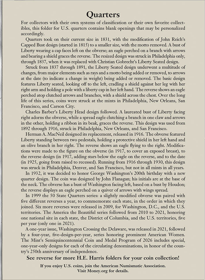 H.E. Harris® Coin Folder – U.S. Quarters: Plain, No Dates