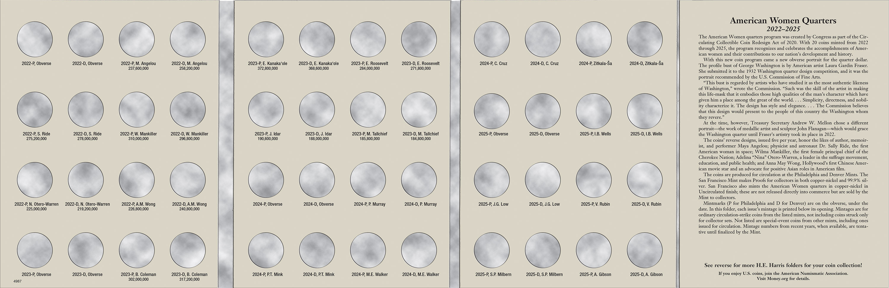 H.E. Harris® Coin Folder – Washington Quarters American Women Collection: 2022-2025 (P & D Mints)