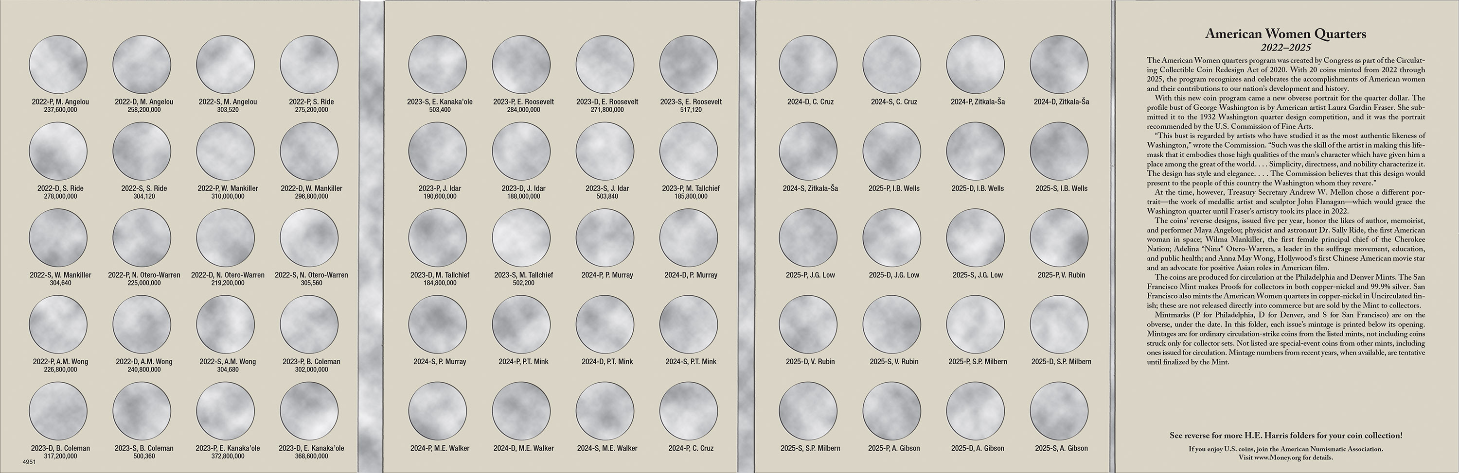 H.E. Harris® Coin Folder – Washington Quarters American Women Collection: 2022-2025 (P, D, & S Mints)