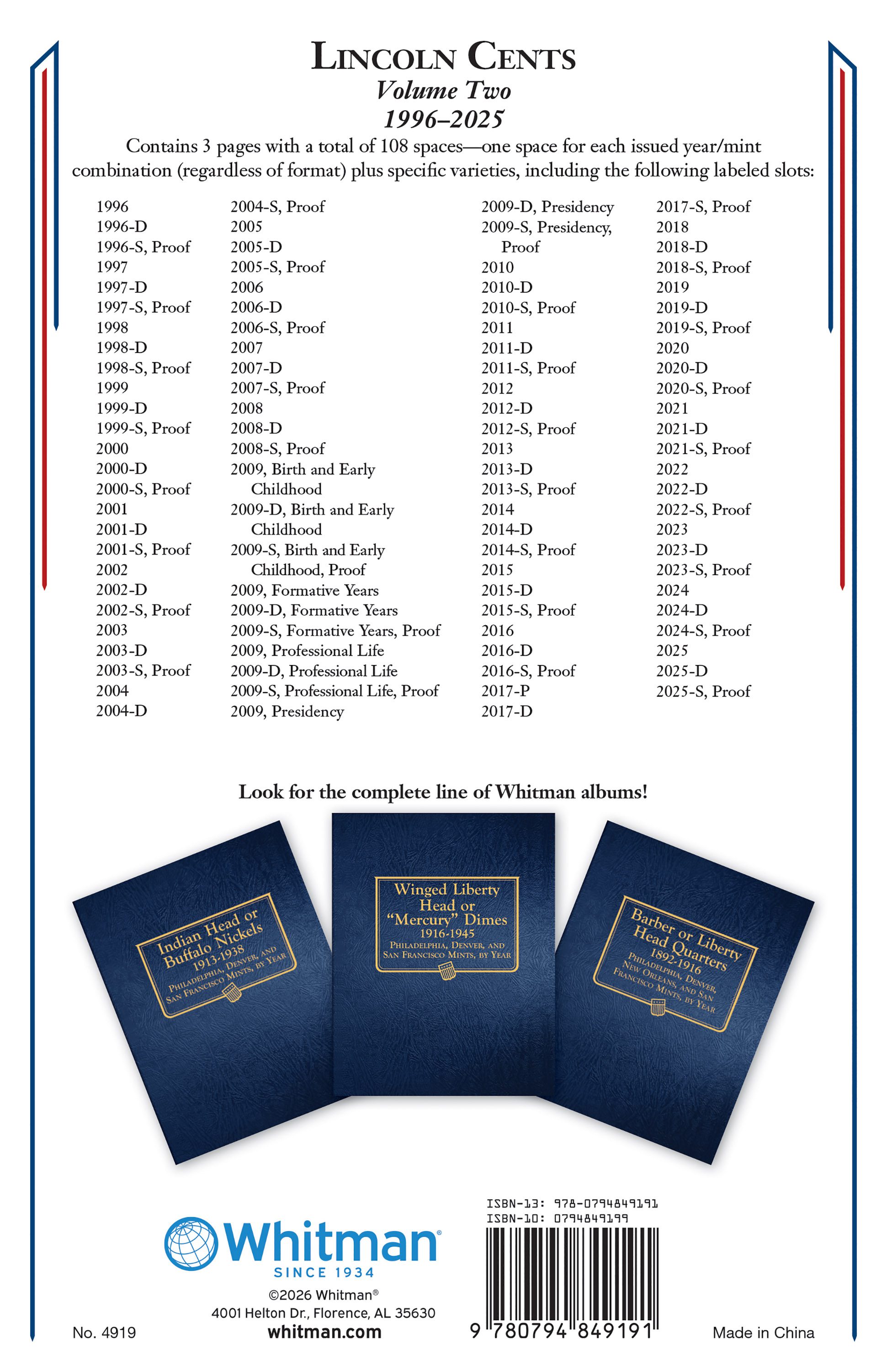 Whitman Classic® Coin Album – Lincoln Cents Volume #2: Starting 1996 (P, D, & S Mints)