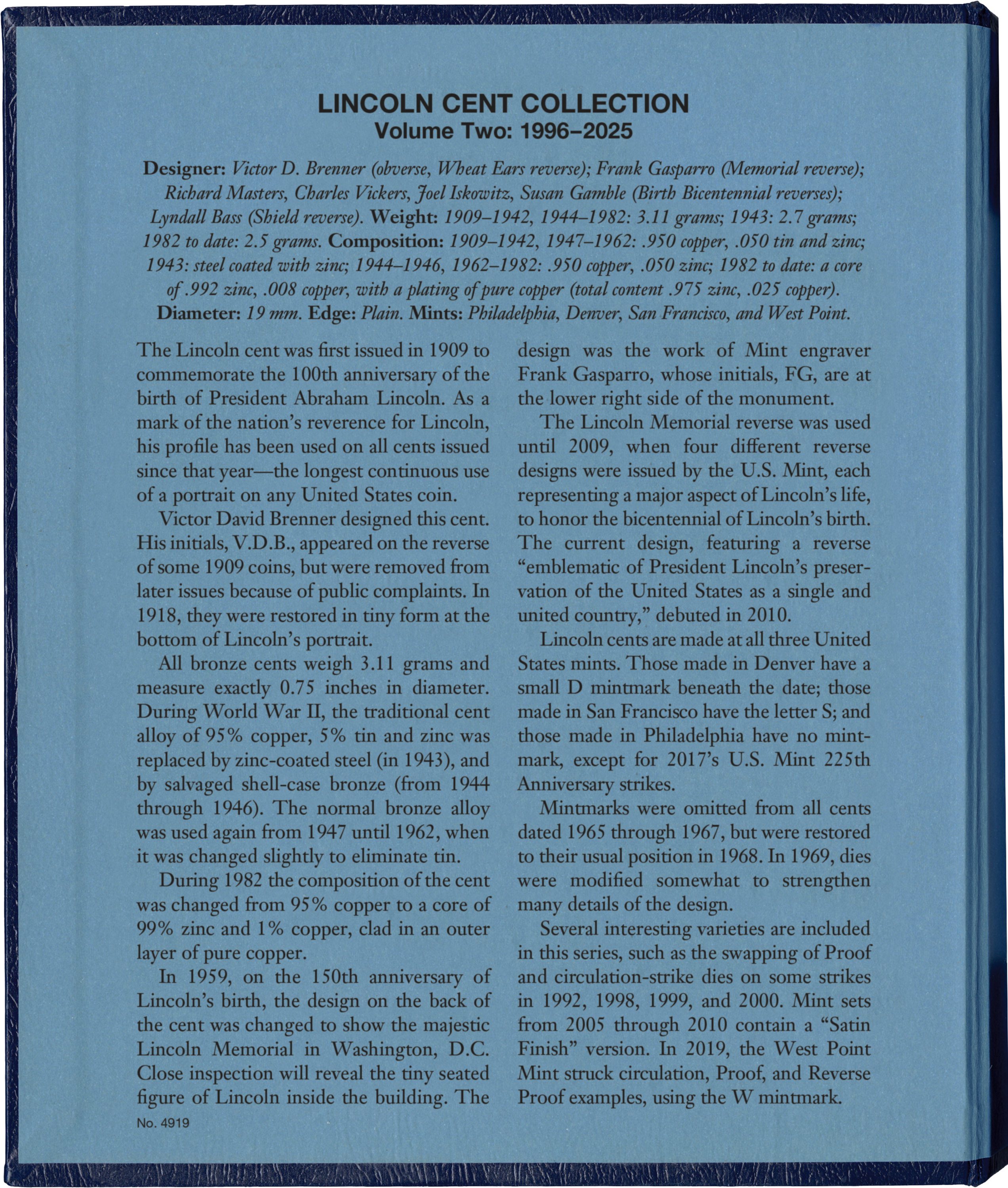 Whitman Classic® Coin Album – Lincoln Cents Volume #2: Starting 1996 (P, D, & S Mints)