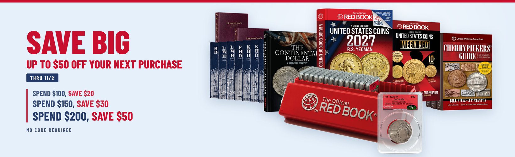 clean design showing variety of products and advertising a weekly special: Spend $100, Save $20; Spend $150, Save $30; Spend $200, Save $50. No Code Required.